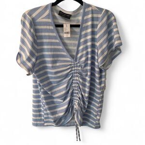 Lane Bryant Size 18 Blue White Striped Ruched Top NWT Short Sleeve V-Neck